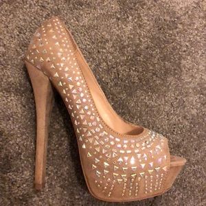 Nude suede crystal platforms